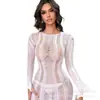 Lingerie Sexy de Rede Peixe Plus Size para Comércio Exterior Europeu e Americano Sexy Justa ao Corpo Alta Elasticidade Manga Longa Renda Jacquard Transparente com Aberturas Lingerie de Rede Peixe