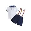Traje de Cavalheiro Estilo Coreano para Meninos de Verão, Top Polo com Gola Lapela para Bebê Menino, Shorts com Suspensórios, Conjunto de Três Peças, Roupa Infantil