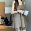 Pijama de Camisola con Shorts para Mujer de Verano, Estilo Coreano Dulce Rayado Algodón Nube Conjunto de Ropa de Casa, Delgado y Adecuado para Usar Afuera