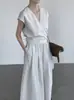 Conjunto Duas Peças Taochuan Estilo Coreano Caimento Solto Top com Amarração Decote V + Calça Wide Leg 26 Verão Feminino 26027