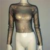 Novo Top Feminino Europeu e Americano de Malha com Brilho de Cristal e Diamante Estilo Doce e Quente Top de Manga Longa Rede de Pescar Spice Girl Outono e Inverno 2023