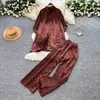 Conjunto Duas Peças Casual Vermelho com Calça de Pernas Largas para Mulheres, Moda Outono Solto para Trabalho Casual Elegante