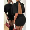 Novo Vestido Mini Feminino de Verão Moda Estilo Y2K Cor Sólida Gola Alta Costas Abertas Cintura Marcada Franzido Ajuste Slim