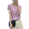 Camisa de Tricô Manga Curta com Detalhe de Contas Vazadas em Lyocell Tencel para Mulheres, Nova Camiseta Top de Verão Solta e Fina