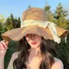 Sombrero de paja con ala ancha y tiras para mujer, estilo coreano, transpirable, para verano, playa, vacaciones, pescador