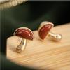 Aretes de botón exquisitos de hongo pequeño de ágata roja del sur, plata chapada en oro, con incrustaciones de diamantes, aretes lindos, jade exquisito para mujer