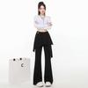 Calça Casual Flare de Cintura Alta Elástica para Mulheres, Verão Fina Solta Preta Emagrecimento Fluida Comprida até o Chão