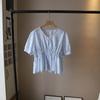 [Bizheng] Verão 2025 Nova Camisa Coreana Decote V Floral Redutora de Idade Cinturada Manga Curta para Mulheres 4000