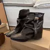 Botines Nuevos de Mujer Otoño/Invierno con Tacón Oculto Puntiagudos con Forro de Borrego Botas Apiladas Fruncidas Botas Vaqueras Western de Gamuza