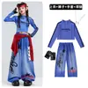 Conjunto de jazz para niñas, con un top azul cropped de cuello alto, un conjunto de disfraz de baile elegante y moderno, perfecto para actuaciones de jazz street dance