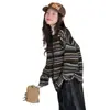 Cardigã Suéter Outono e Inverno para Meninas 2026 Novo Casual Estilo Coreano Suéter de Tricô Listrado Casaco para Meninas Mais Velhas
