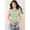 Suéter de Punto Rayado para Mujer Sentido del Diseño Nicho Ajustado Chic Camiseta de Manga Corta para Petite