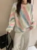 26 Otoño Nuevo Estilo Suéter de Punto Versátil Casual Manga Larga Cuello Redondo Estampado Completo Jacquard Leopardo Arcoíris para Viajes Diarios para Mujer