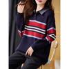 Camisa Jeans Gola Reversível Tricô 24 Outono e Inverno Nova Estilo Coreano Roupa Externa Falso Duas Peças Redutor de Idade Tricô Colorido Contrastante para Mulheres