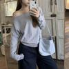 Camiseta Única de Manga Larga Off-Shoulder con Cuello Barco para Mujer, Talla Grande de Otoño, Top Básico Perezoso y Relajado