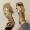 2024 Novo Cross-border plus size Solid Color Casual Stone Pattern Chinelos Cabeça Quadrada Flat Bottom Outer Wear Chinelos de praia