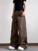 Jeans de Trabajo Vintage Marrones Desestructurados Lavados para Hombre, Pantalones Rectos Anchos de Pierna Ancha con Pliegues Sueltos de Moda