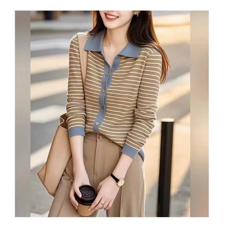 安可拉红色条纹翻领打底针织衫女2024秋季新款设计感慵懒长袖