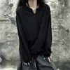 Camiseta masculina de manga comprida com gola V rasgada estilo americano, marca da moda outonal, top de estilo solto e casual, adequado para homens e mulheres, visual desgastado, estilo para casais