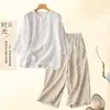 Camisa artística vintage de algodón y lino bordada de manga tres cuartos, conjunto de dos piezas para el verano para madres, top de color liso y pantalones de pierna ancha para mujer