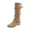 Botas plisadas de tacón alto para mujer, botas versátiles de altura media que aumentan la estatura, botas de cowboy western de 6 cm, botas largas con punta redonda y correas cruzadas