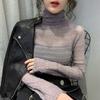 Camisa base de malla con encaje y cuello alto para mujer, estilo nuevo de otoño e invierno, top de camisa pequeña refinado de Europa Occidental