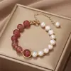 Pulsera Pixiu de Cuarzo Rosa Imitación y Perlas para Atraer Riqueza y Tesoros, Pulsera de Cristal Flor de Durazno para Atraer Riqueza para Mujeres, Joyería de Pulsera Simple y Versátil