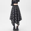 Saia Plaid Irregular para Mulheres Primavera 2026 Vintage Plaid Cintura Elástica Comprimento Médio Saia Evasê Que Cobre os Quadris e Parece Emagrecedora