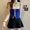 Top de punto fino con cremallera y bloques de color Spice Girl para mujer, estilo francés de verano, estilo occidental, ajustado, corto, estilo Hong Kong