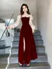 Vestido de Noche de un Hombro Banquete Negro Elegante Gama Alta Nicho Socialité Volantes Presentador Abertura Falda Larga