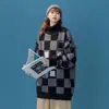 Moda Callejera Holgado Estilo Perezoso Pareja Suéter de Punto Cuello Alto Cuadros Plaid Retro Americano para Hombres y Mujeres en Otoño e Invierno