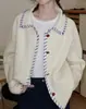 Cardigan de Lã Tricotado com Cor Contrastante, Pesado, Feito à Mão, Cor Azul Islandês, 100% Algodão para Mulheres
