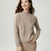 Estilo de luxo leve e elegante, suéter de tricô de cashmere feminino com gola semi-alta, pulôver outono/inverno, suéter de tricô trançado de manga longa, camada base espessa