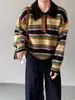 Suéter Retro a Rayas con Bloques de Color Festivo Jiangzuo para Mujer, Holgado, Cuello Polo, Tejido Grueso U1343