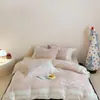Juego de Ropa de Cama de Gasa Arrugada de Doble Capa 100% Algodón Estilo Coreano con Bordado de Conejo, Suave y Amigable con la Piel, Perfecto para Dormir Desnudo, Juego de Cuatro Piezas con un Toque Femenino