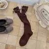 Calcetines largos de algodón puro para mujer, para primavera y otoño, estilo lolita, de maternidad, con ribete de encaje y detalle de lazo