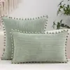 Funda de almohada estilo bohemio pana rayada color liso con pompones funda de cojín primavera/verano para sala de estar y dormitorio decoración del hogar