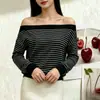 Top de punto a rayas de manga larga de un solo hombro estilo coreano perezoso para mujer, nuevo, primavera/otoño, puro deseo, chic, versátil, blanco