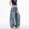 Pantalones de Mezclilla Unisex Lavados Retro Americanos de Bolsillos Múltiples, Estilo Cimitarra, Desgastados, de Otoño e Invierno, Sueltos hasta el Tobillo
