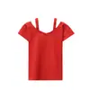 Elegante Verano 2024 Negro Dulce Hombros Descubiertos Tirantes Manga Corta Camiseta Mujer Hombros Descubiertos Cuello Hombro Sexy Top Cuello Cuello