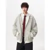Cardigã com capuz estilo americano, moletom casual moderno de caimento solto com zíper e listras, jaqueta versátil masculina