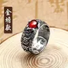 Anillo Retro Personalizado de Granate Pixiu para Hombres, Anillo Individual para Hombres de Plata Tailandesa con Sutra del Corazón, Anillo Abierto Dorado de Sapo con Corindón Rojo