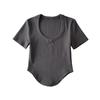 T-shirt Feminina de Manga Curta Estilo Hot Girl Europeia e Americana Gola Pêssego Ombro Sexy Emagrecedor Curvo Cintura Alta Top Cropped Curto