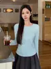 Camiseta básica de manga comprida slim-fit estilo Jiaoxia para mulheres, adequada para primavera e outono, top redondo básico, camada base confortável