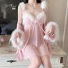 Conjunto de Lencería para Mujer Guiruo: Conjunto de Pijama de Malla con Plumas, Almohadillas en el Pecho y Bata, Ropa de Casa 5707