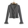 2022 principios de primavera nuevo estilo sexy chica sexy de corte entallado cuello de piel costura elegante cárdigan de manga larga cuello en V con cordones top sexy