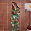 [Jardim Floresta Verde] Pijama de Seda Gelo Feminino Primavera e Verão Manga Longa Seda Superior Sedoso Roupa de Casa conjunto