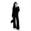 Conjunto de Punto de Dos Piezas para Mujer con Diseño de Textura Hueca de Nuevo Estilo Transfronterizo Europeo y Americano, Cárdigan con Solapa y Doble Cremallera, Pantalones de Pierna Ancha