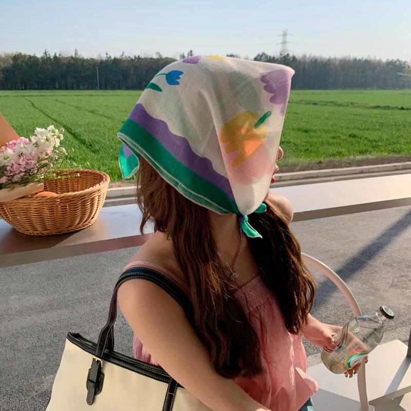 小清新棉麻围巾小方巾女花朵小碎花文艺复古领巾春夏装饰发带头巾