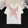Camiseta a Cuadros Estilo Retro Americano con Lazo de Manga Corta para Mujer en Verano Diseño de Nicho Estilo Holgado Perezoso Top de Media Manga